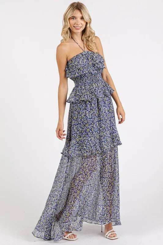 Mittoshop Ruffled Smocked Floral Halter Neck Maxi Dress - Lilixa.store