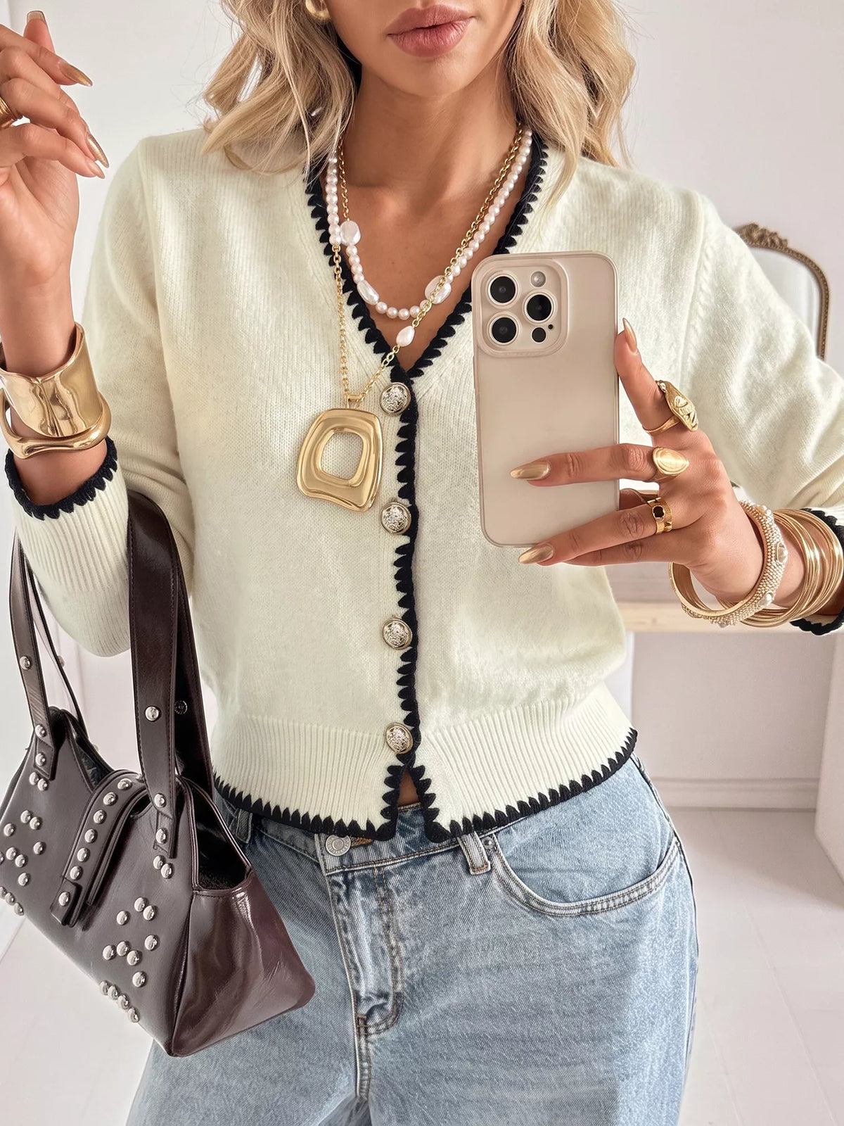 Contrast Trim V-Neck Button-Down Cardigan in Beige, view 2