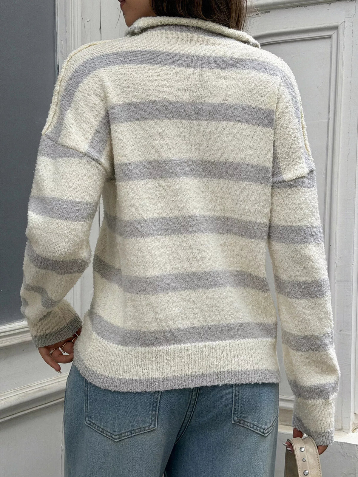 Striped Mock Neck Button-Down Textured Cardigan - Lilixa.store