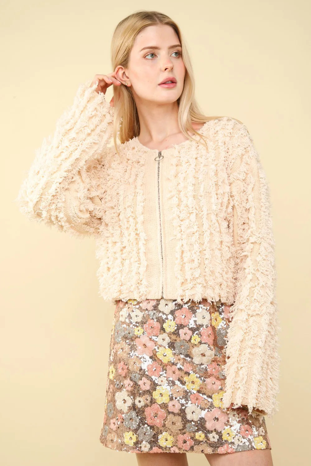 VERY J Shaggy Yarn Knit Zip Up Jacket in Cream, view 3