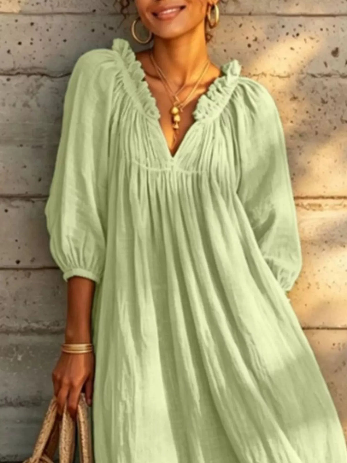 Tiered Notched 3/4 Sleeve Maxi Dress - Lilixa.store