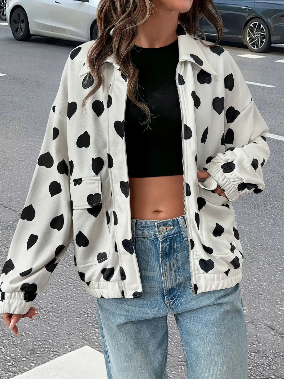 Heart Print Zip Up Jacket in White, view 2