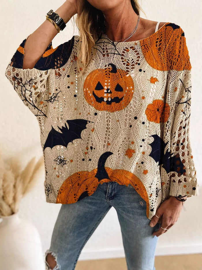 Full Size Halloween Pumpkin Loose Knit Cover Up Plus Size - Lilixa.store