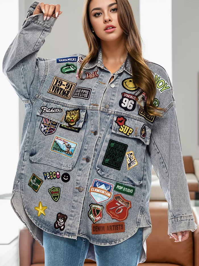 Embroidered Patch Button Up Long Sleeve Denim Jacket - Lilixa.store