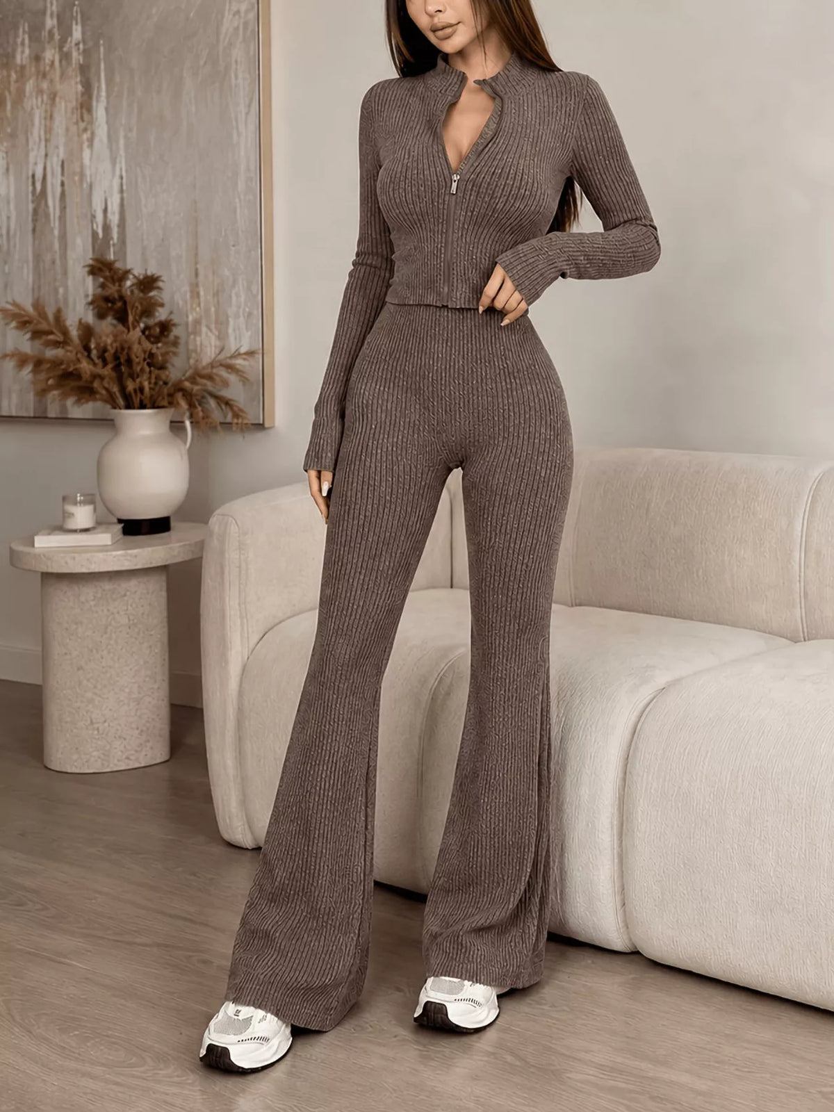Ribbed Zip-Up Cardigan and Pants Knit Set - Lilixa.store