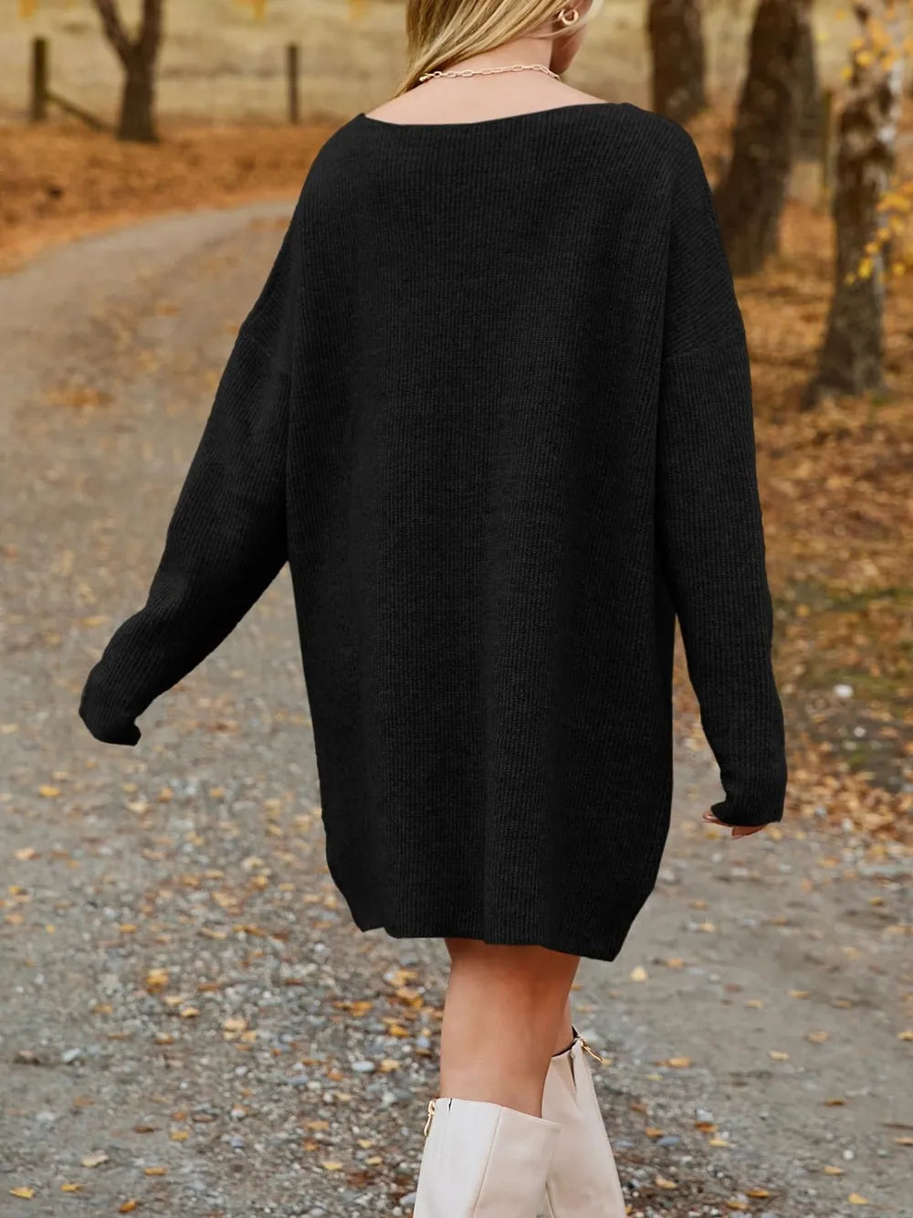 V-Neck Dropped Shoulder Sweater Dress, view 9