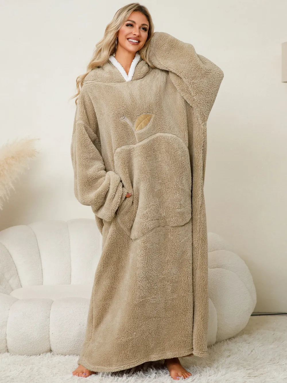 Pocketed Contrast Long Sleeve Hooded Lounge Dress - Lilixa.store