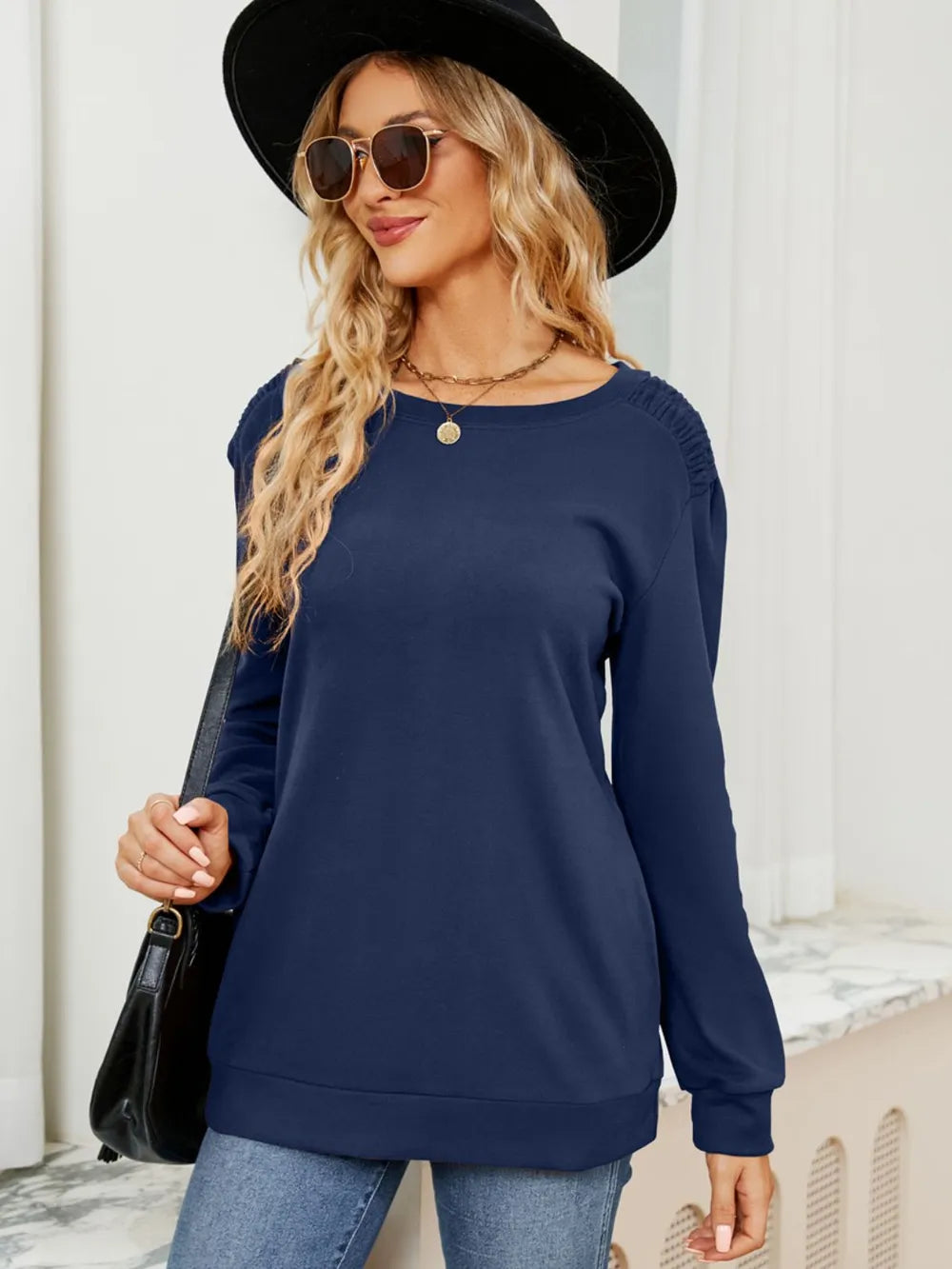 Ruched Shoulder Round Neck Long Sleeve Sweatshirt - Lilixa.store