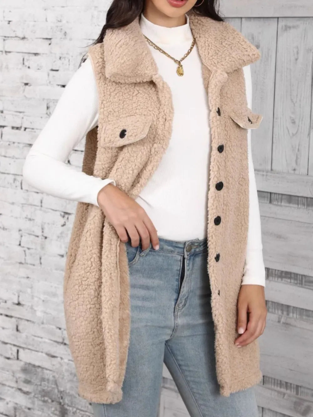 Button Up Teddy Vest Coat in Tan, view 3