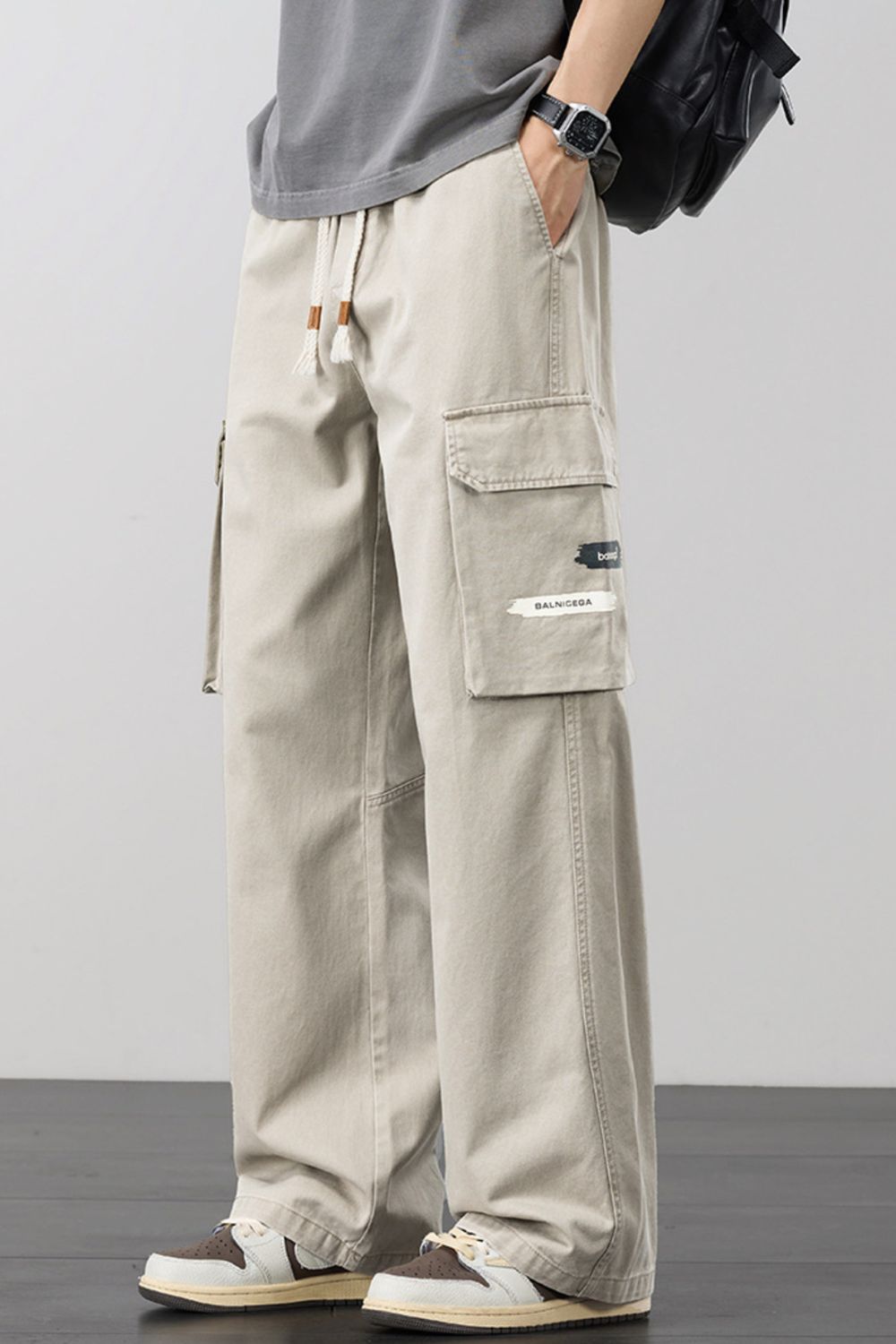 Men's Plus Size Loose Fit Cargo Pants with Drawstring, view 5
