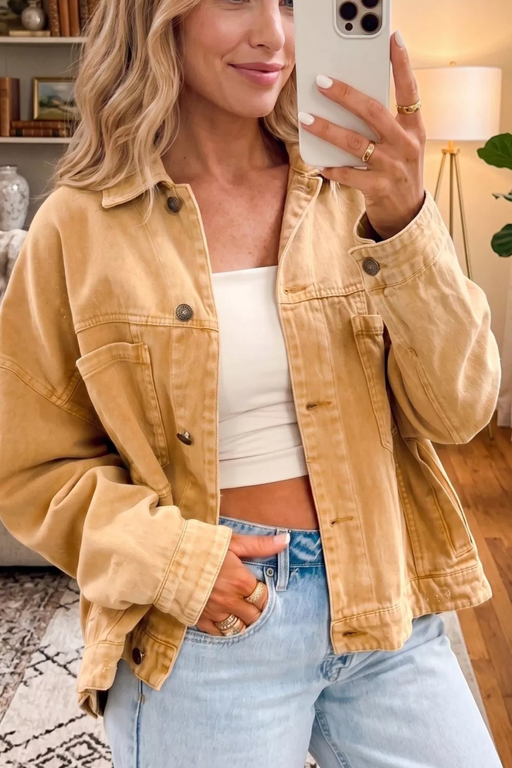 Metal Button Front Long Sleeve Collar Denim Jacket in Tan