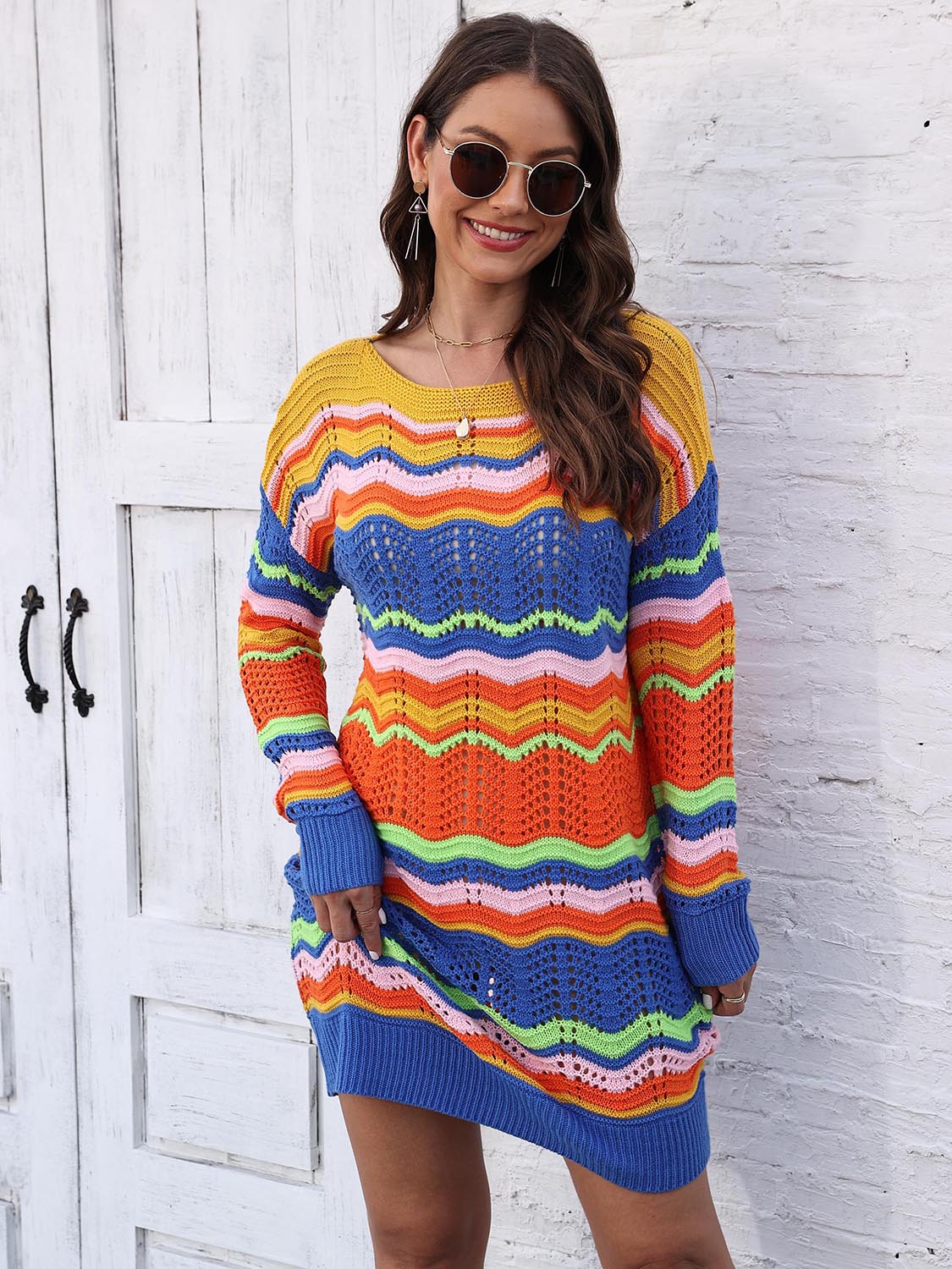 Openwork Round Neck Sweater Dress in Dusty Blue