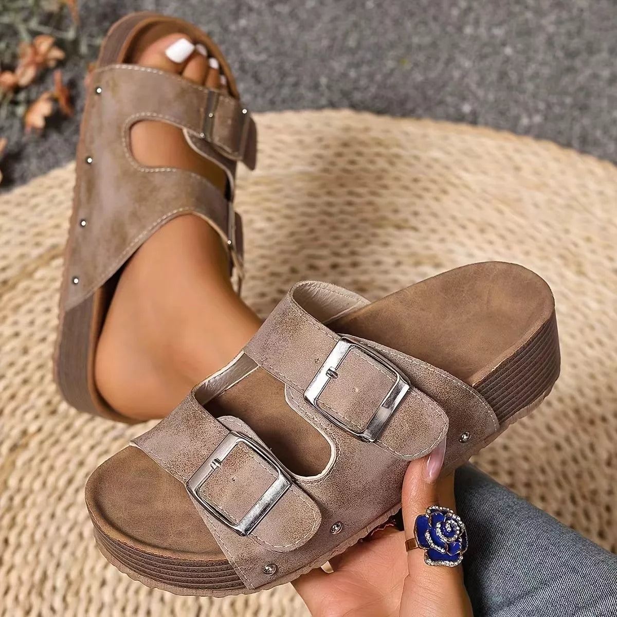Double Buckle Open Toe Platform Sandals, view 3