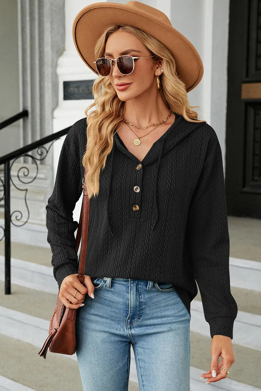 Drawstring Half Button Long Sleeve Hoodie - Lilixa.store
