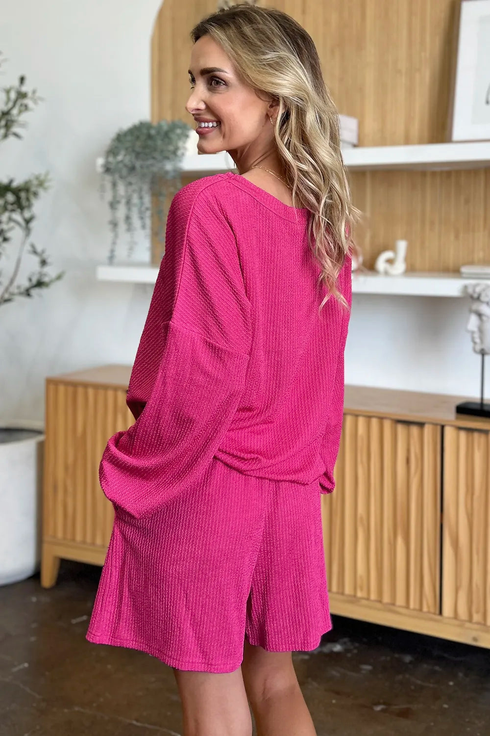 Double Take Full Size Texture V-Neck Long Sleeve T-Shirt and Shorts Set, view 8