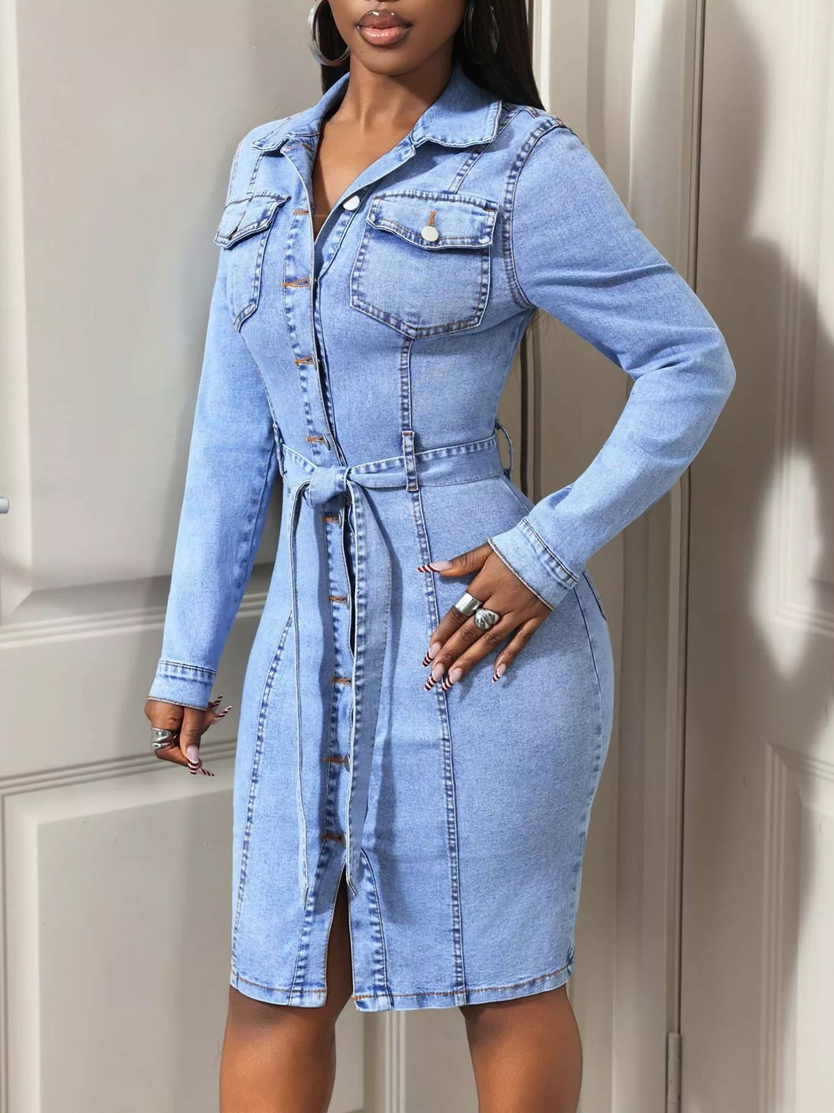 Button-Down Tie Waist Denim Dress