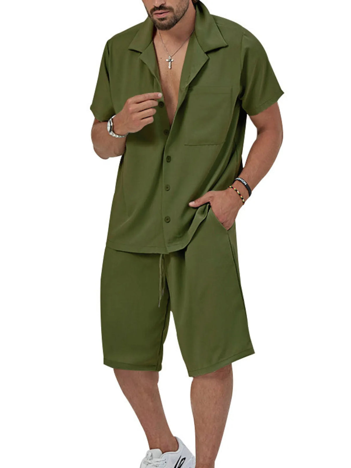 Men's Plus Size Button Up Short Sleeve Shirt and Shorts Set in Military Green