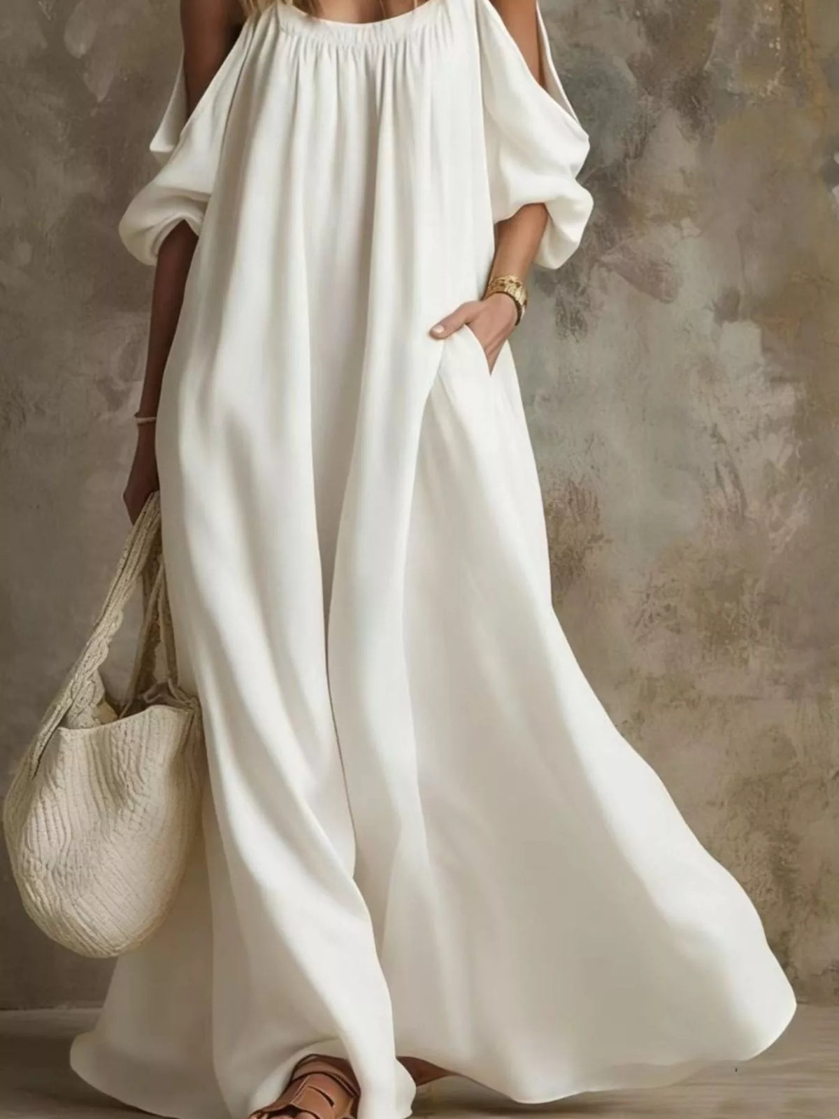 Full Size Cold-Shoulder Linen Maxi Dress Plus Size - Lilixa.store
