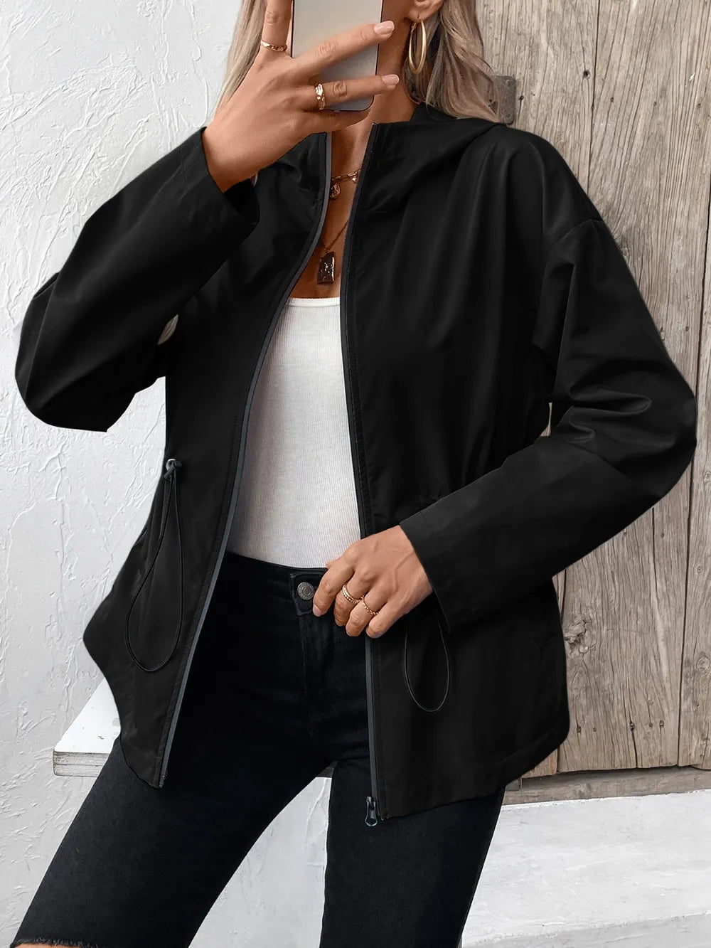 Ivy Lane Drawstring Zip Up Hooded Jacket, view 20