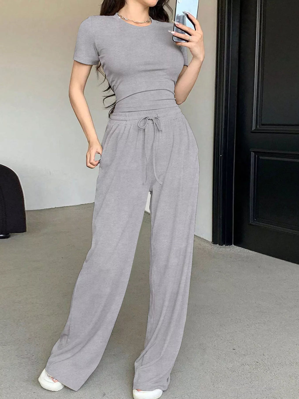 Solid Color Short Sleeve Crop Top and Wide Leg Pants Set - Lilixa.store