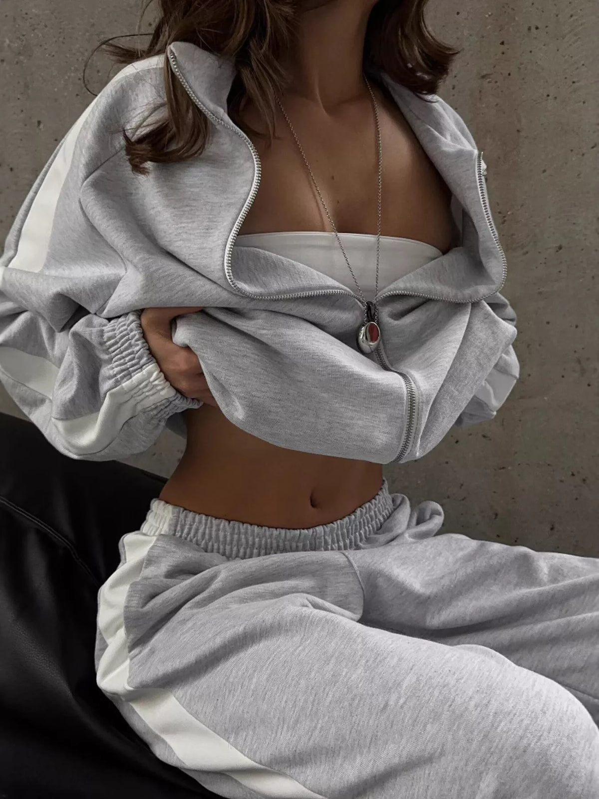 Contrast Side Stripe Zip Up Top and Pants Set - Lilixa.store