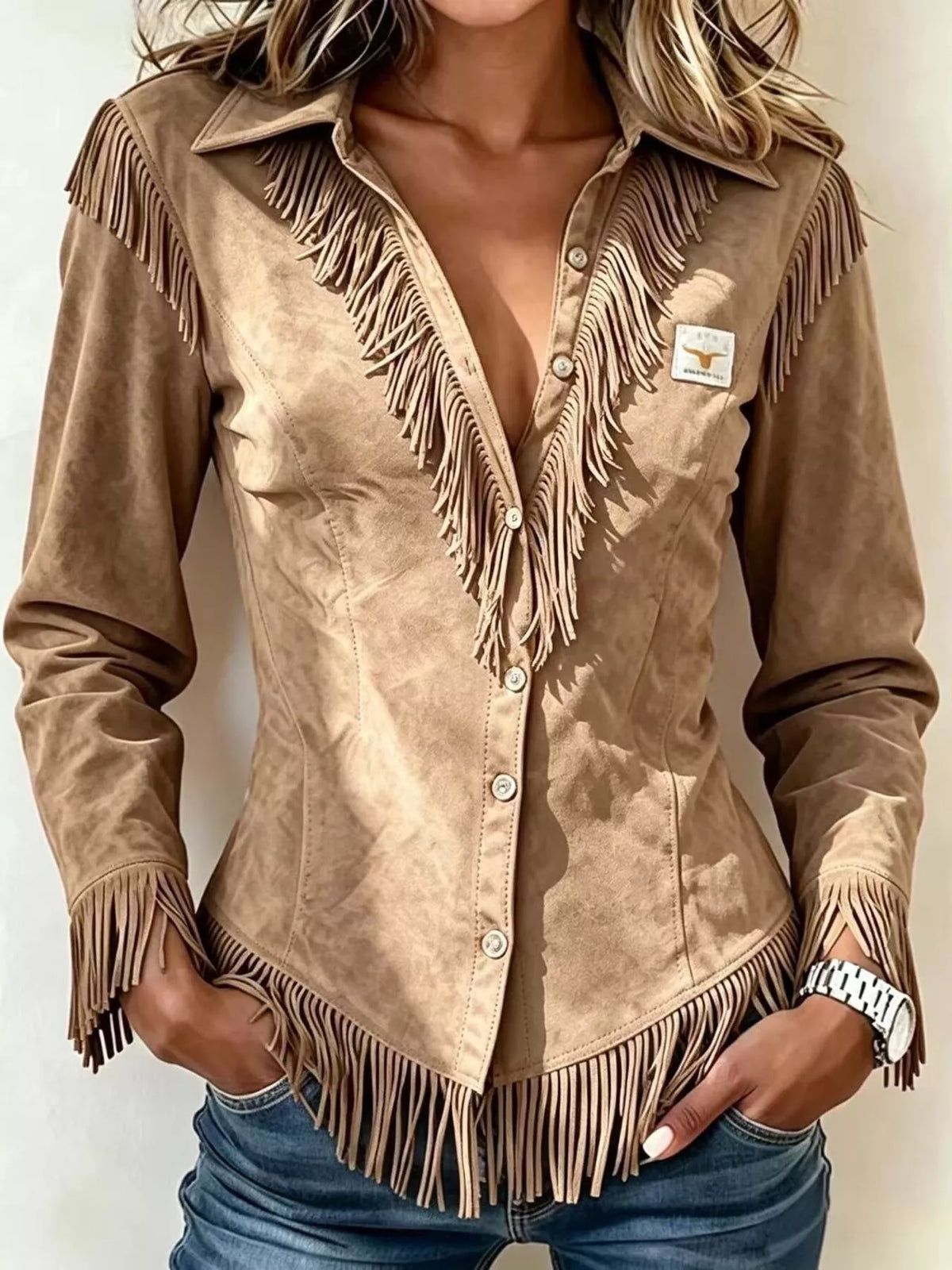Full Size Fringed Collared Neck Shirt Plus Size - Lilixa.store