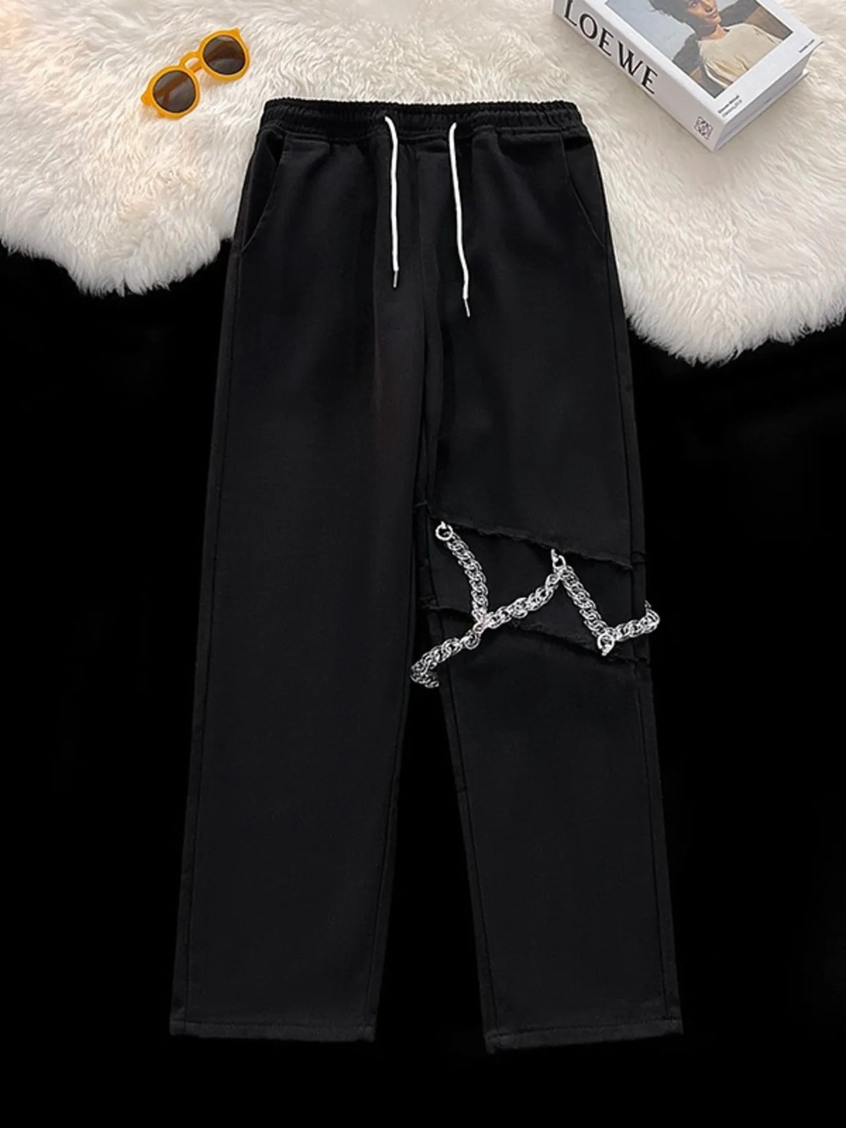 Men's Full Size Frayed Edge Loose Fit Pants Plus Size in Black