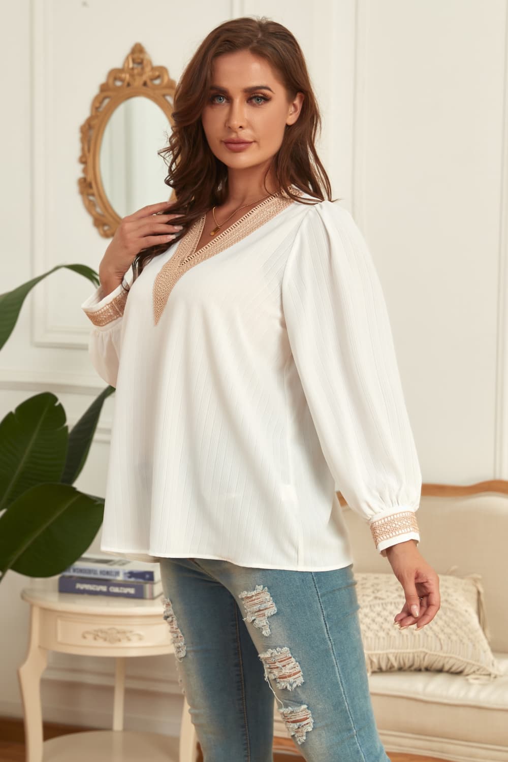 Honey Melo Apparel Plus Size V-Neck Puff Sleeve Blouse in White, view 3