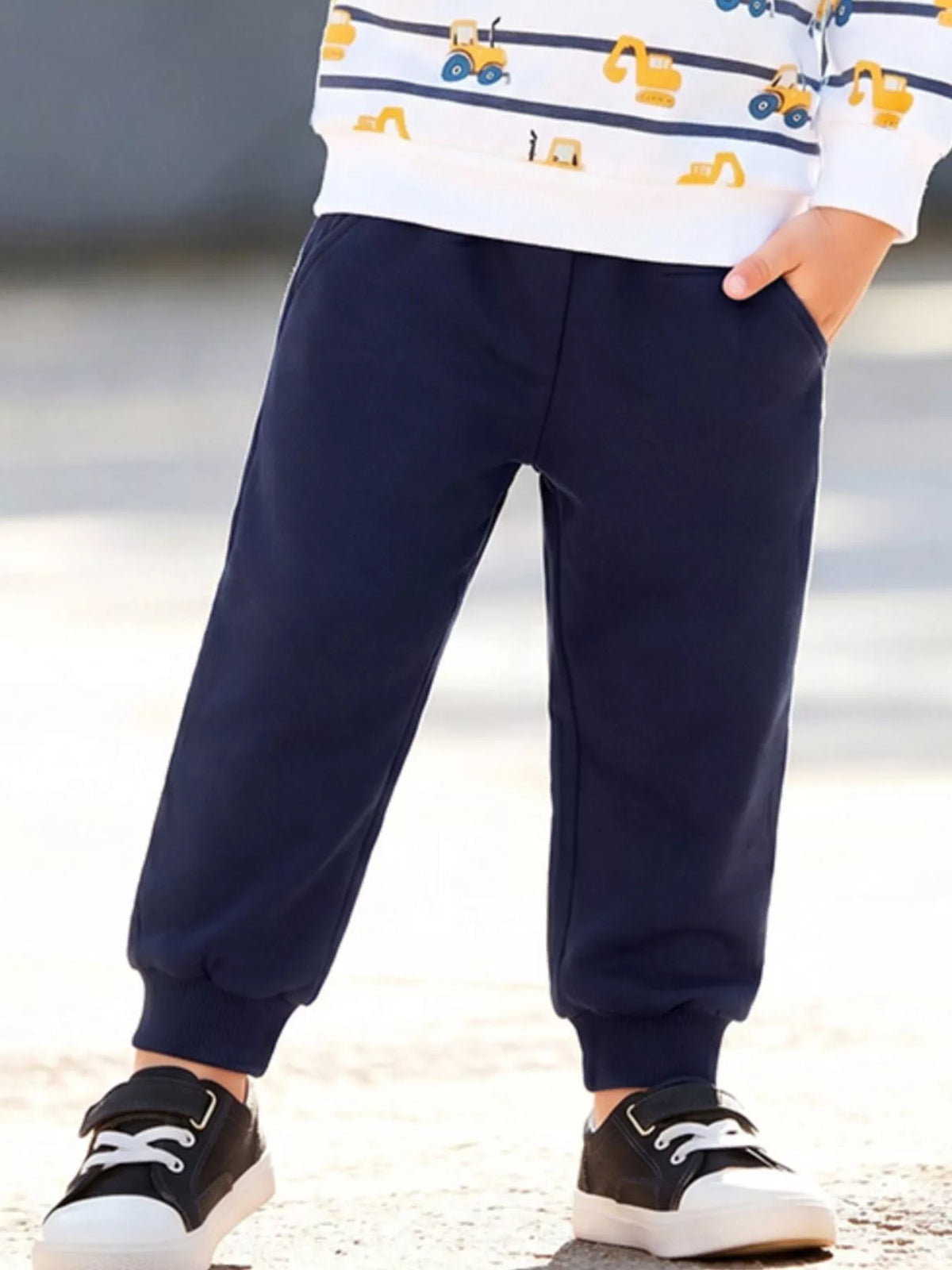 Children's Construction Vehicle Print Long Sleeve Sweatshirt and Pants Set in White, view 3