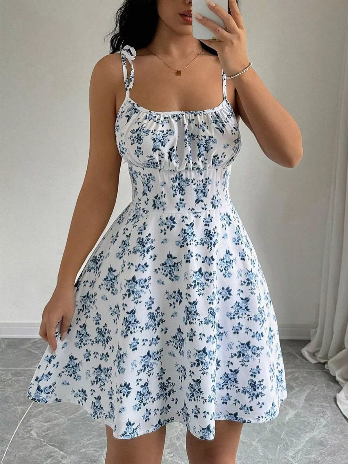 Floral Print Spaghetti Strap A-Line Mini Dress - Lilixa.store