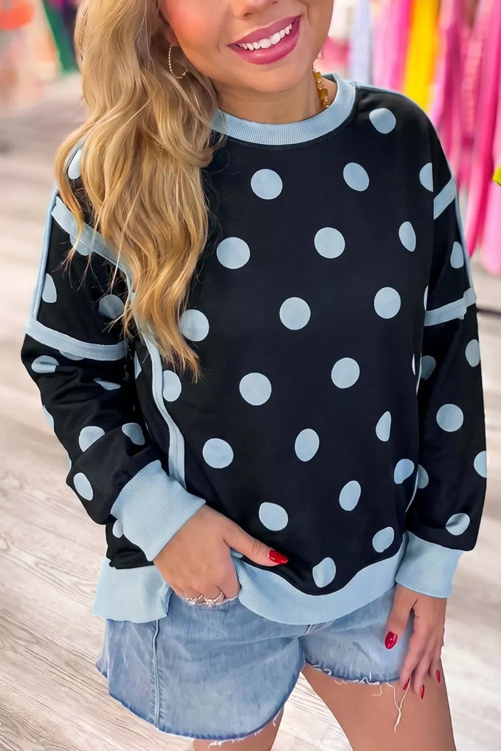 Polka Dot Crew Neck Sweatshirt - Lilixa.store