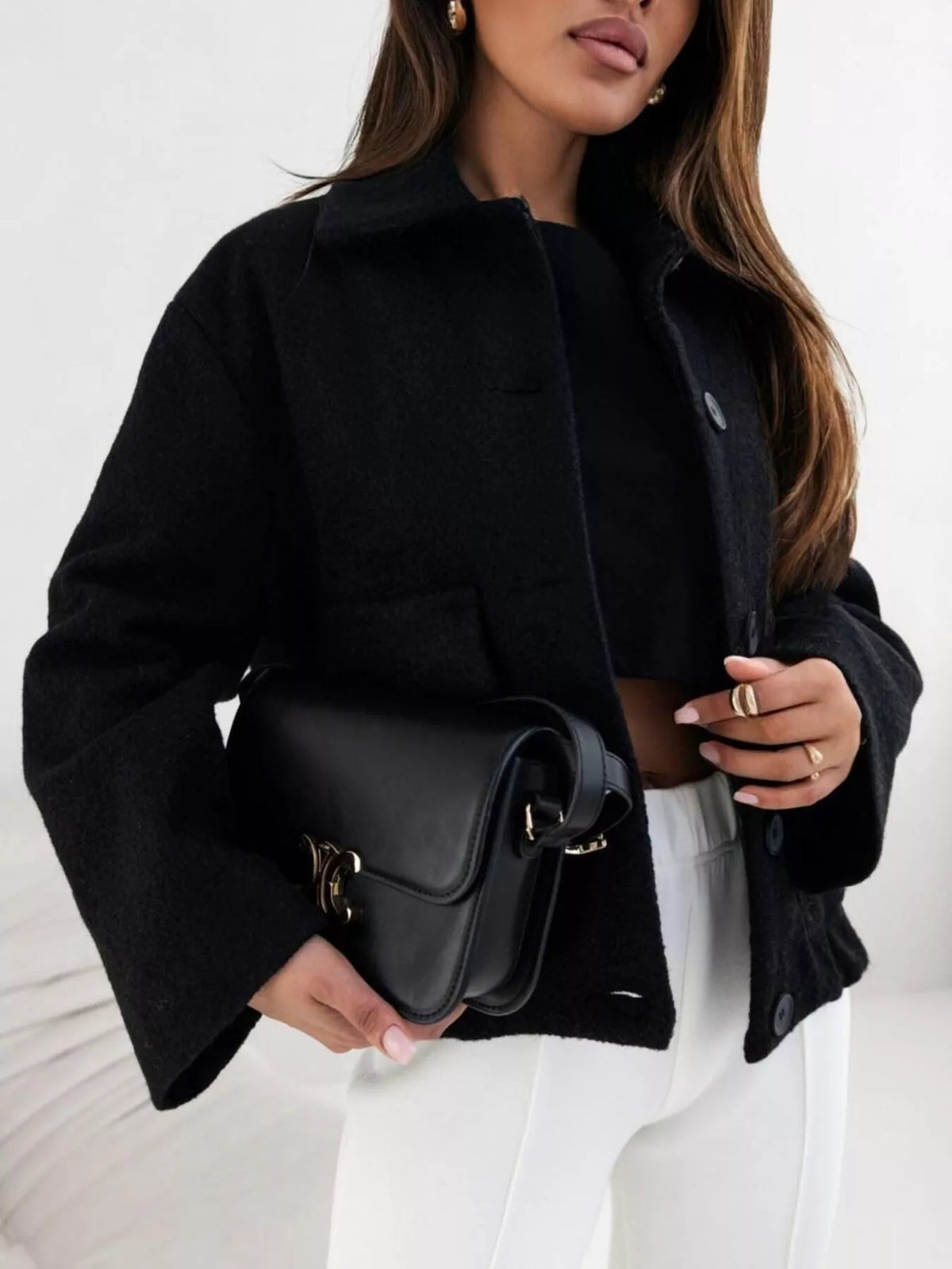 Button-Down Long Sleeve Outerwear in Black