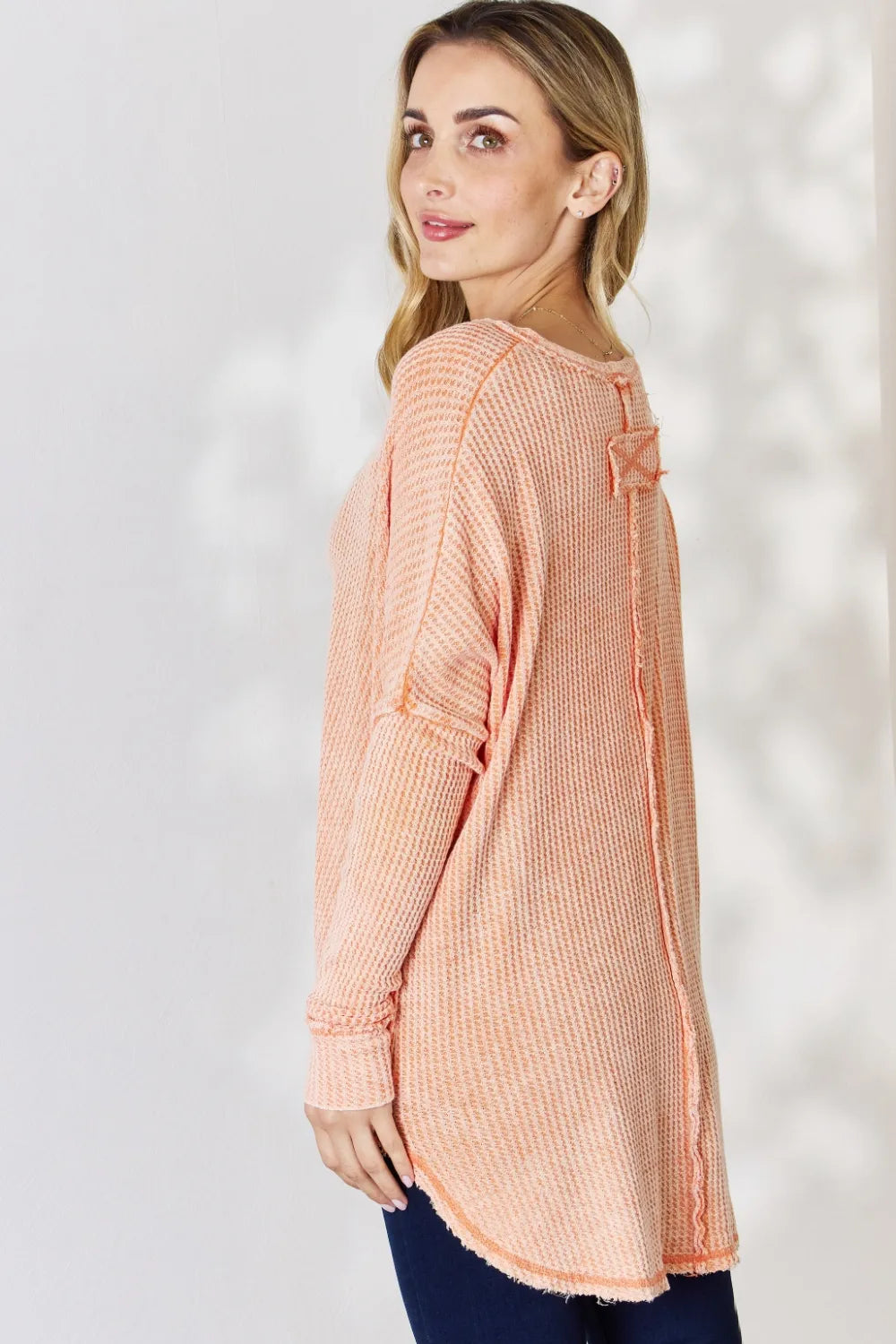 Zenana Oversized Washed Waffle Long Sleeve Top - Lilixa.store