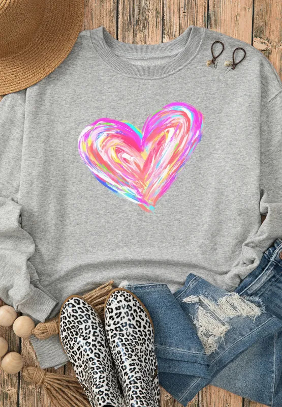 Valentine’s Day Heart Round Neck Drop Shoulder Sweatshirt - Lilixa.store