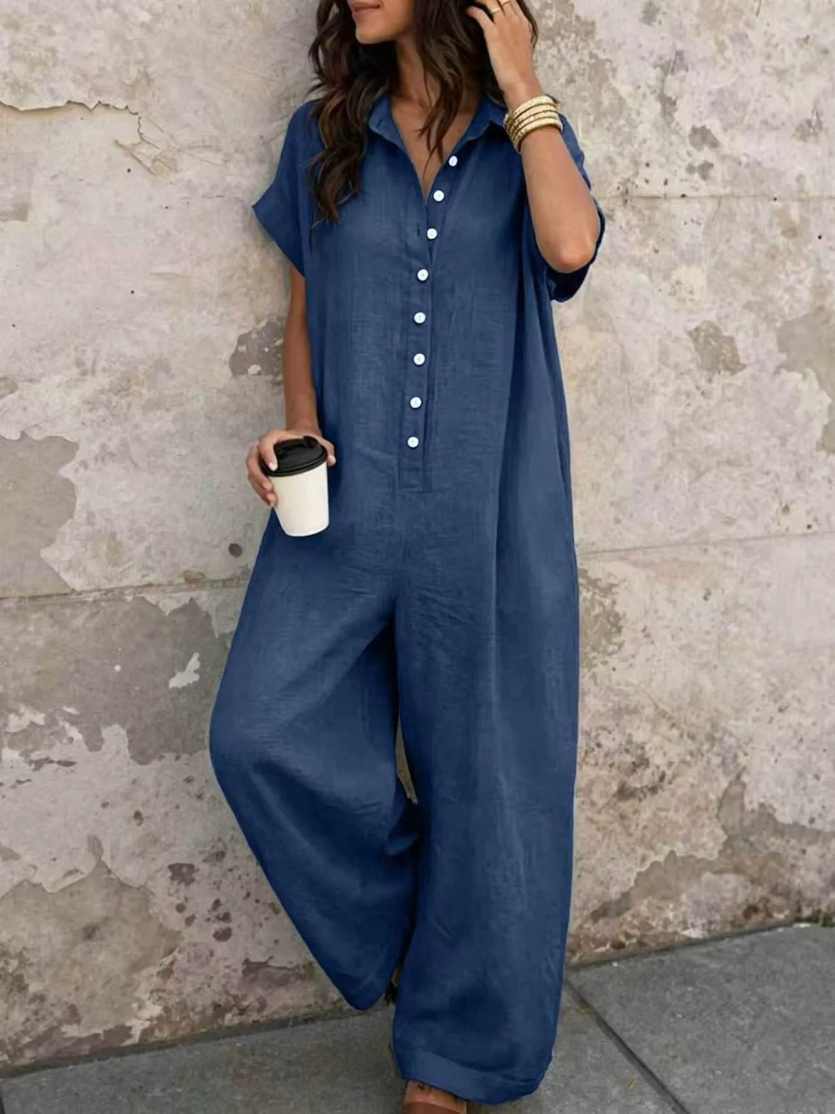 Button Front Short Sleeve Jumpsuit - Lilixa.store