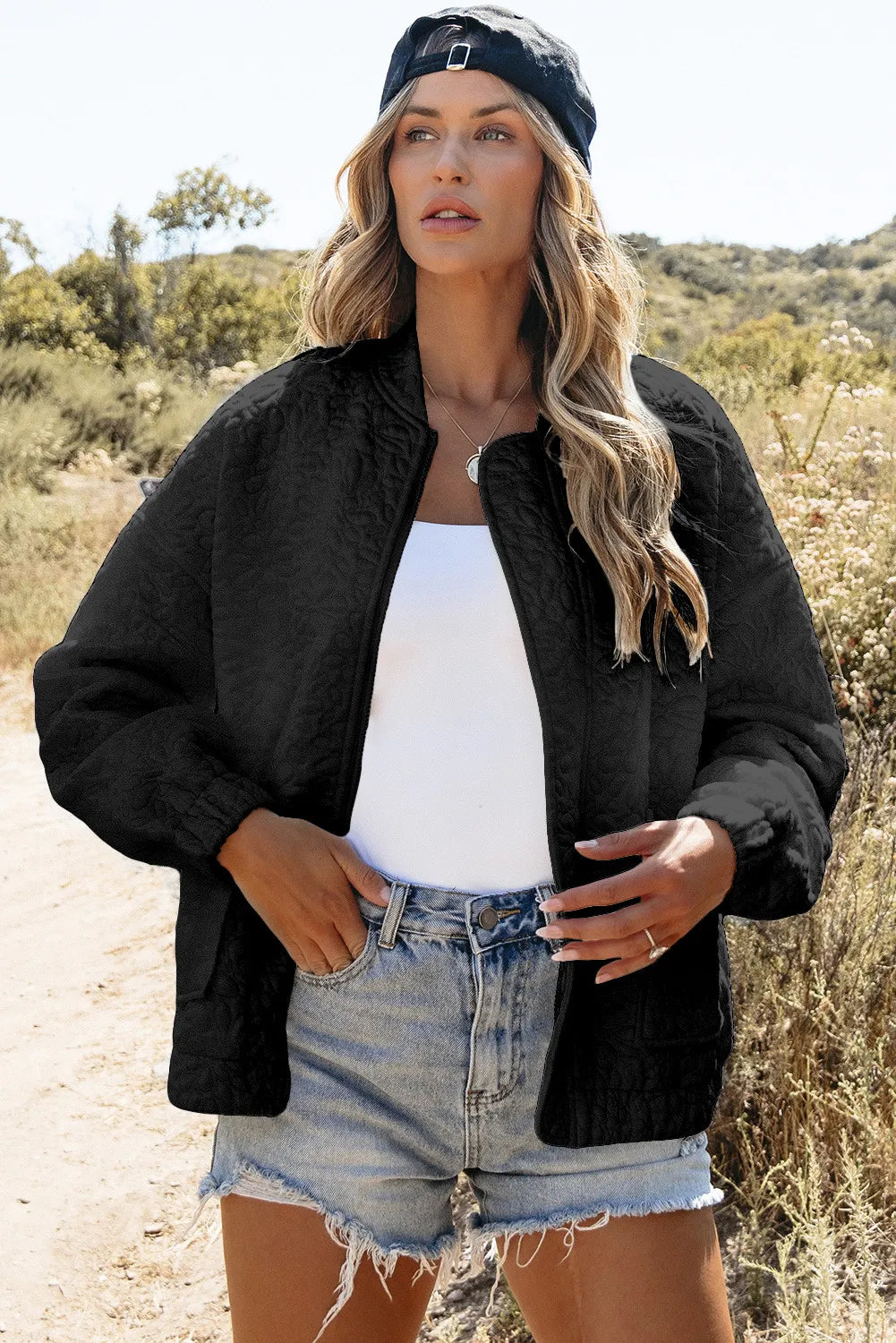 Baseball Collar Floral Quilted Jacket, view 16