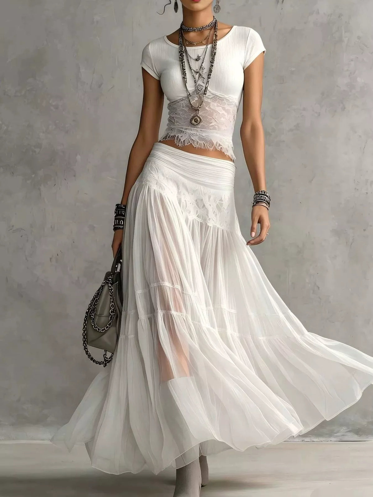 Lace Slim Fit Top and Maxi Skirt Set - Lilixa.store