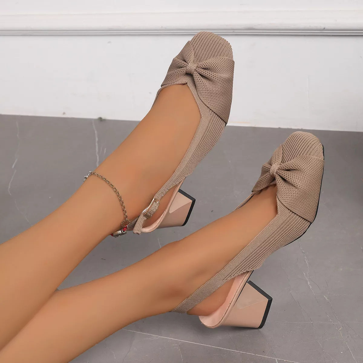 Ribbed Slingback Pumps with Bow Detail in Khaki