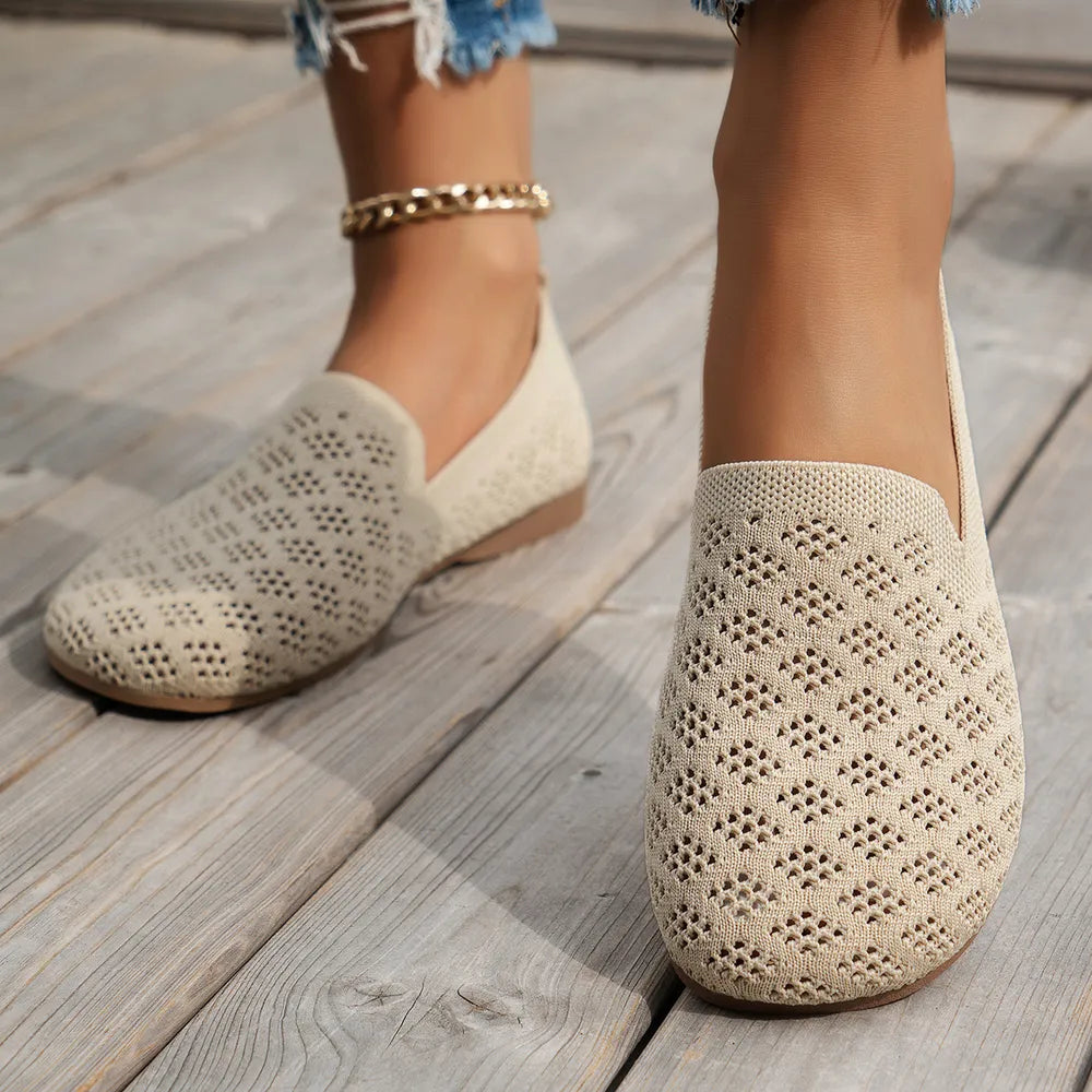 Mesh Round Toe Flat Slip-Ons in Beige