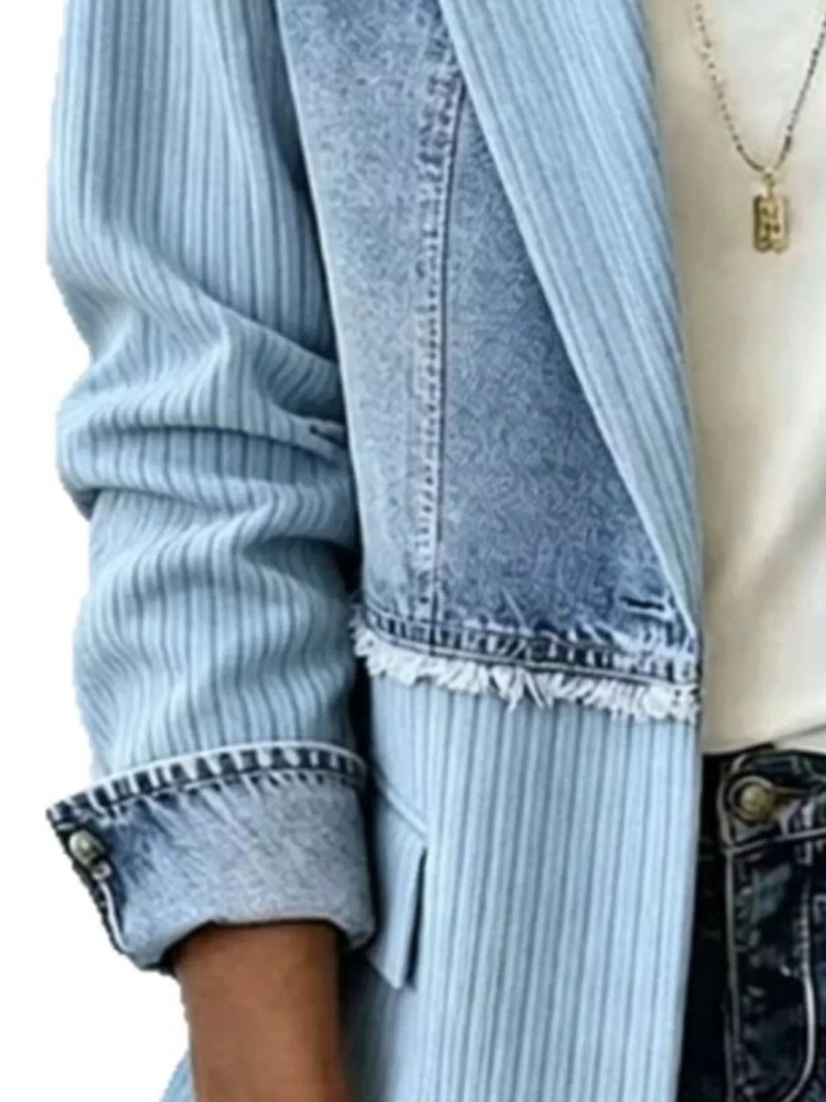 Full Size Patchwork Denim Ribbed Blazer Plus Size - Lilixa.store