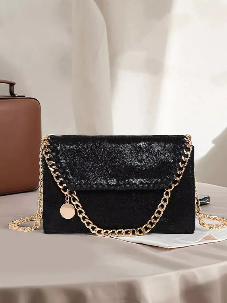 Matte PU Leather Textured Chain-Strap Shoulder Bag in Black, view 5