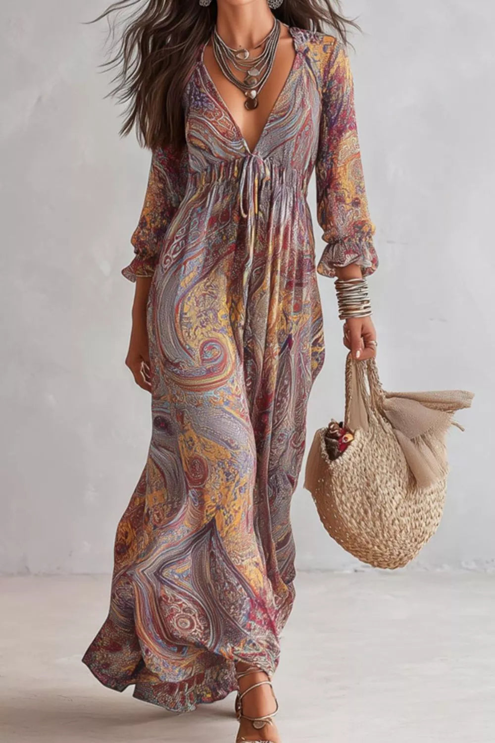Paisley Print V-Neck Long Sleeve Maxi Dress