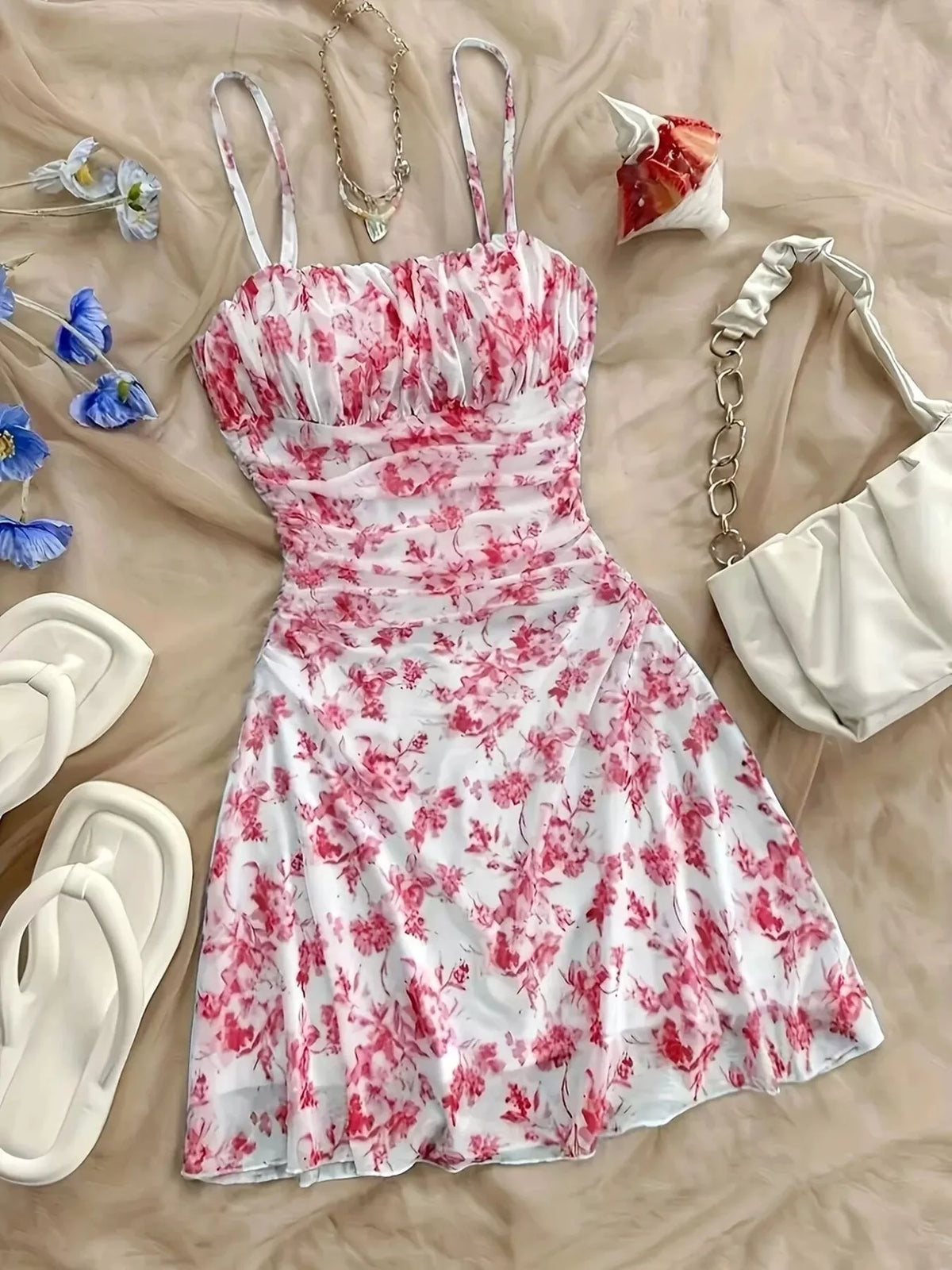Floral Ruched Spaghetti Strap Mini Dress - Lilixa.store