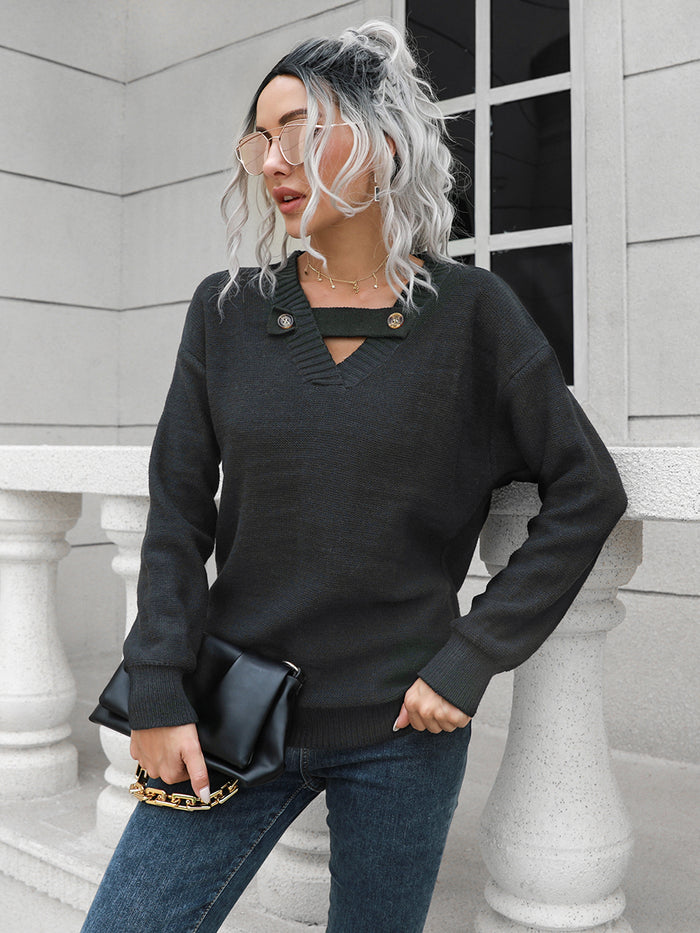 Dropped Shoulder Button Detail Sweater in Black