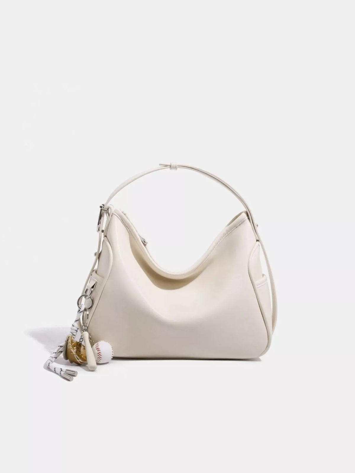 Hobo Shoulder Bag with Decorative Charms in Off-white