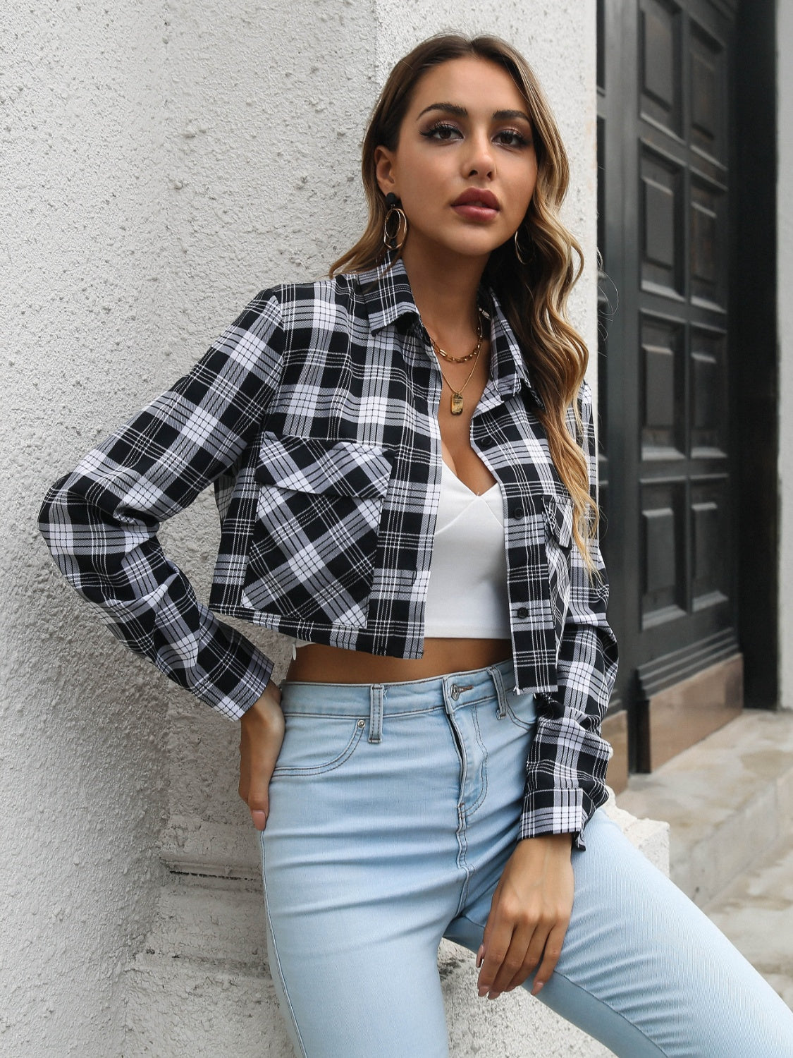 Collared Neck Decorative Pockets Jacket in Black
