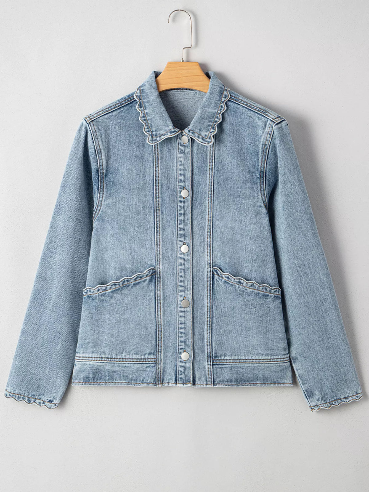 Scallop Trim Collar Patched Pocket Button Up Denim Jacket, view 5
