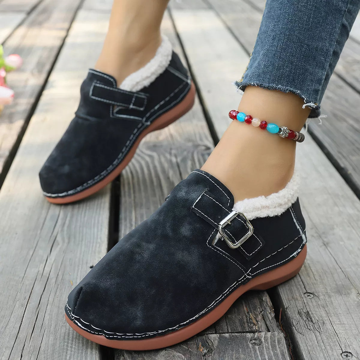 Faux Fur Lined Suede Loafers with Adjustable Buckle Strap in Black