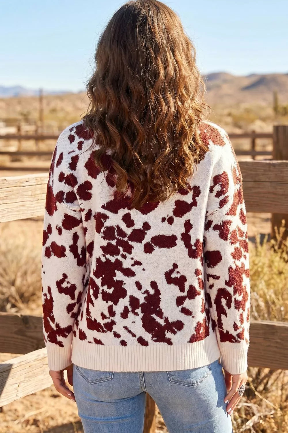 Western Print Cow Pattern Long Sleeve Round Neck Pullover Knitwear Sweater - Lilixa.store