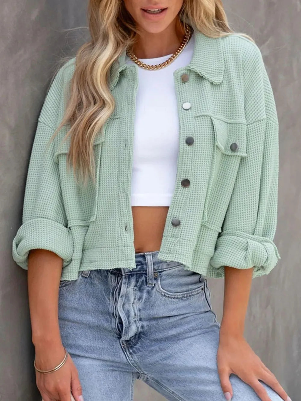 Button Up Long Sleeve Jacket in Gum Leaf